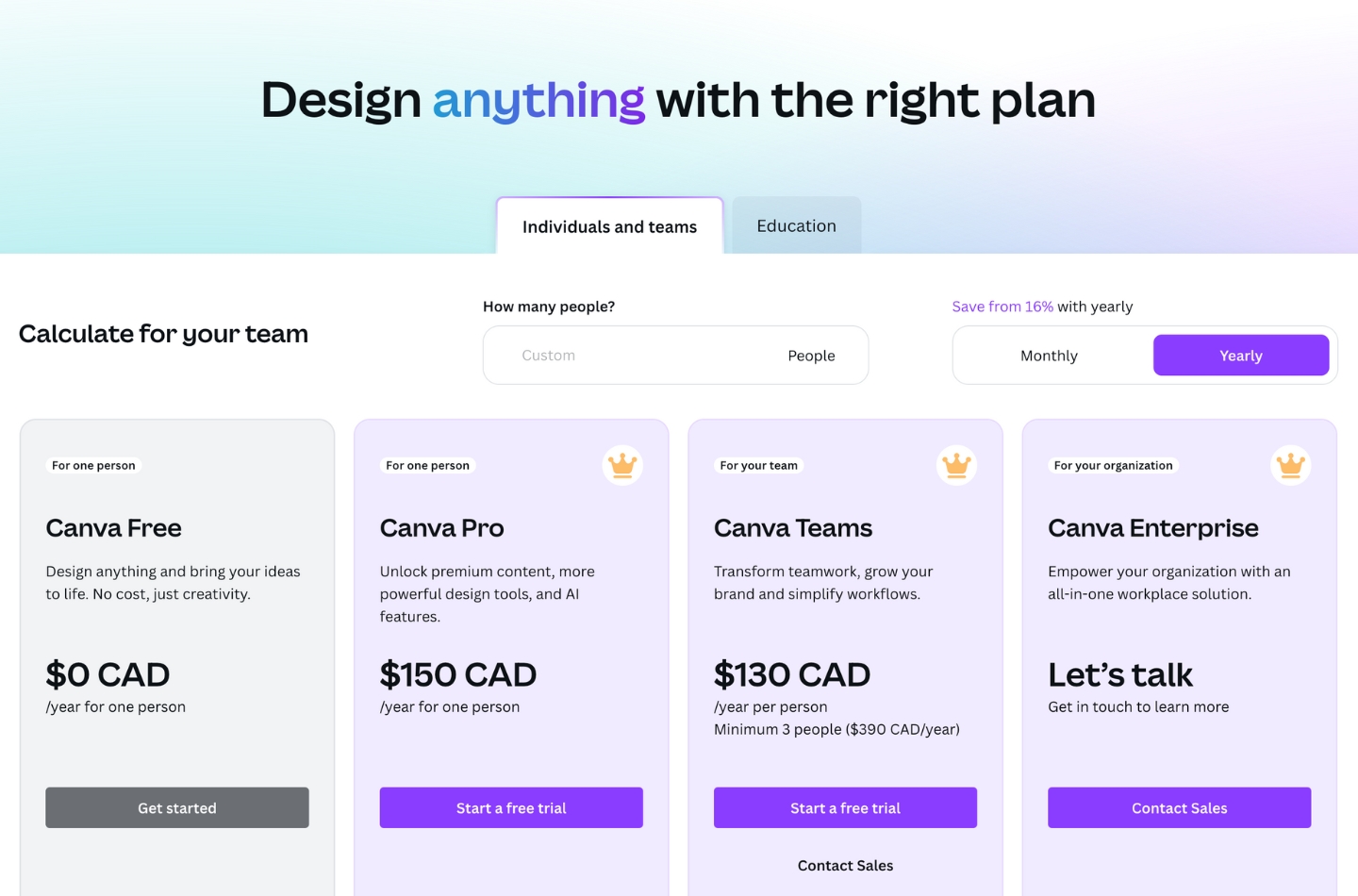 Pricing page 2024- Canva